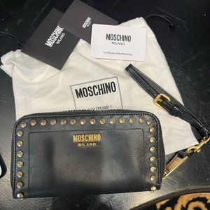 Moschino black leather studded wallet wristlet